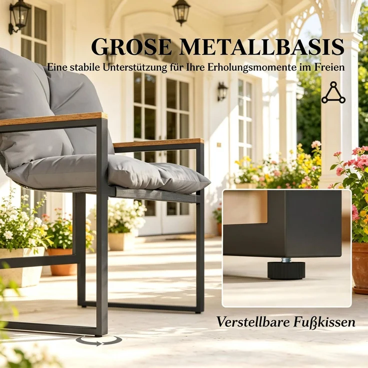 Gartenmöbel-Set mit 2 Sesseln 64 x 62 x 68 cm und Tisch 40 x 40 x 40 cm – Glasplatte, Schwarz und Grau – Bild 5