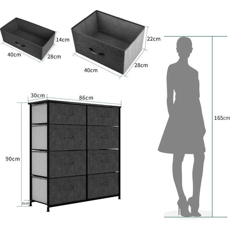 YITAHOME kommode mit Schubladen, Schrank mit 8 Schubladen aus Stoff, Modernen Stil, Stabiler Metallrahmen, Holztischplatte, Aufbewahrungskommode für Schlafzimmer, Wohnzimmer, Flur, Schwarz und Grau – Bild 3
