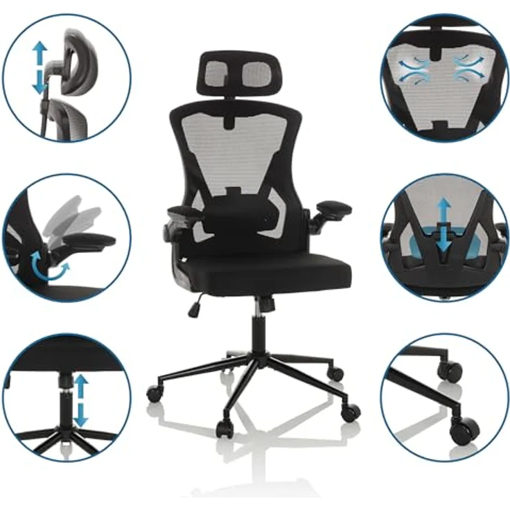 MID.YOU Drehstuhl Schwarz, Textil, 360° drehbar, ergonomische Rückenlehne, gepolsterte Armlehnen, Arbeitszimmer, Drehstuhl 60x117-124x60 cm – Bild 5