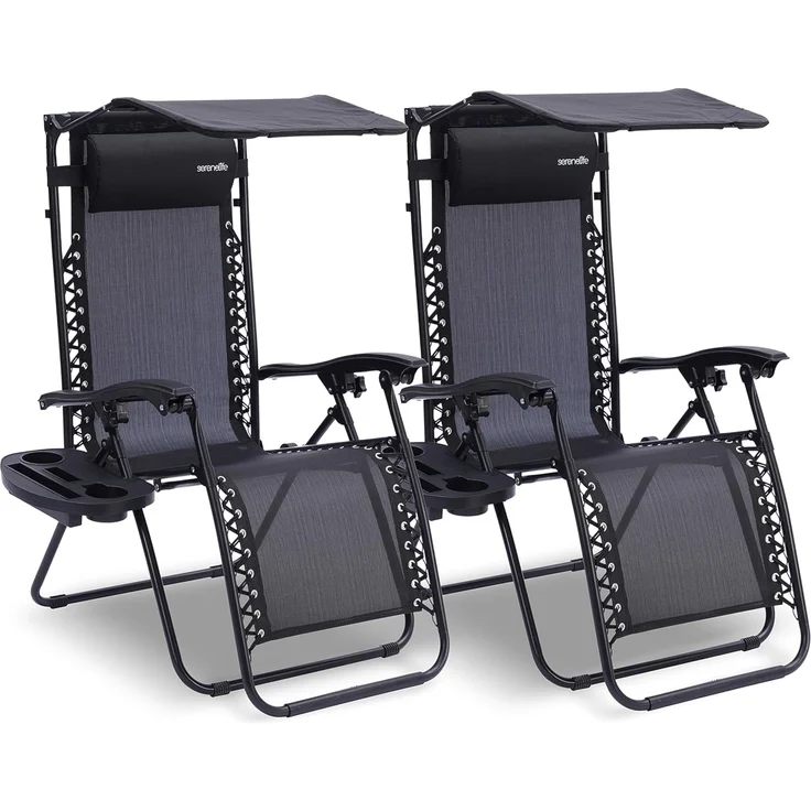 SereneLife Liegestuhl Klappbar 2er Set, Gartenliege Wetterfest für Balkon, Strand, Terrasse & Garten, Campingstuhl mit Sonnendach, Beistelltisch & Getränkehalter, Relaxliege mit Stahlrahmen, Schwarz – Bild 1