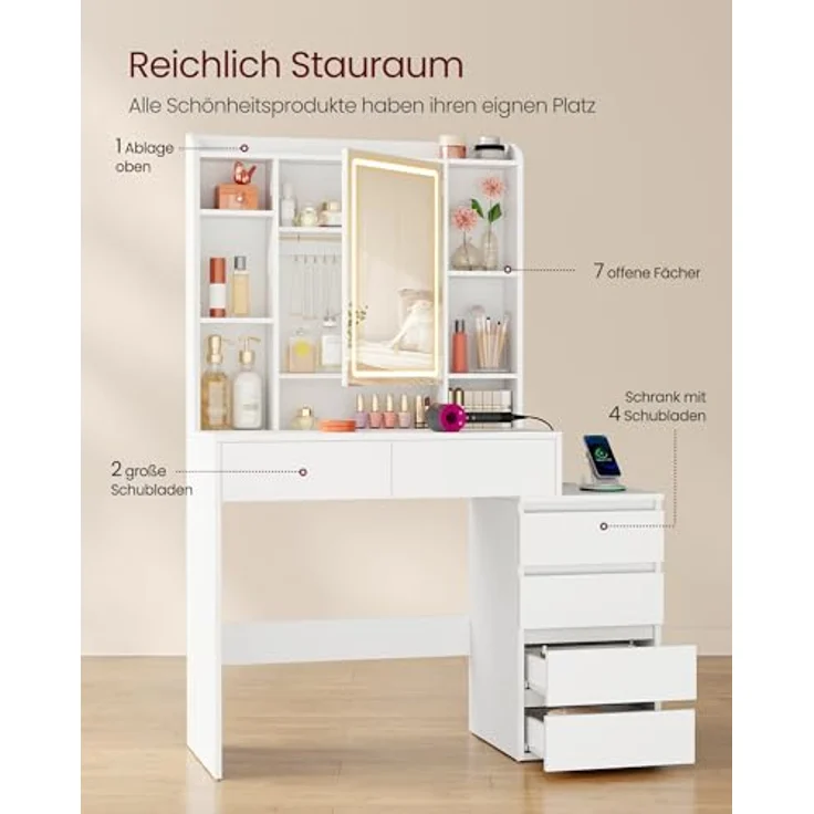 VASAGLE Kailyn Kollektion - Schminktisch mit LED-Beleuchtung, Frisiertisch mit Steckdosenleiste, Spiegel, Kosmetiktisch mit verstellbaren Ablagen, modern, 40 x 105 x 145 cm, wolkenweiß RDT144WB01 – Bild 3