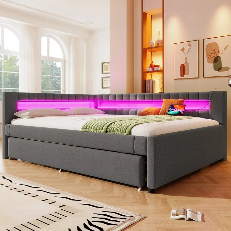 Polsterbett mit Lattenrost, Gästebett, USB und Type-C Anschlüssen, 140x200cm, Schlafsofa, Doppelbett, Leinen – Bild 3