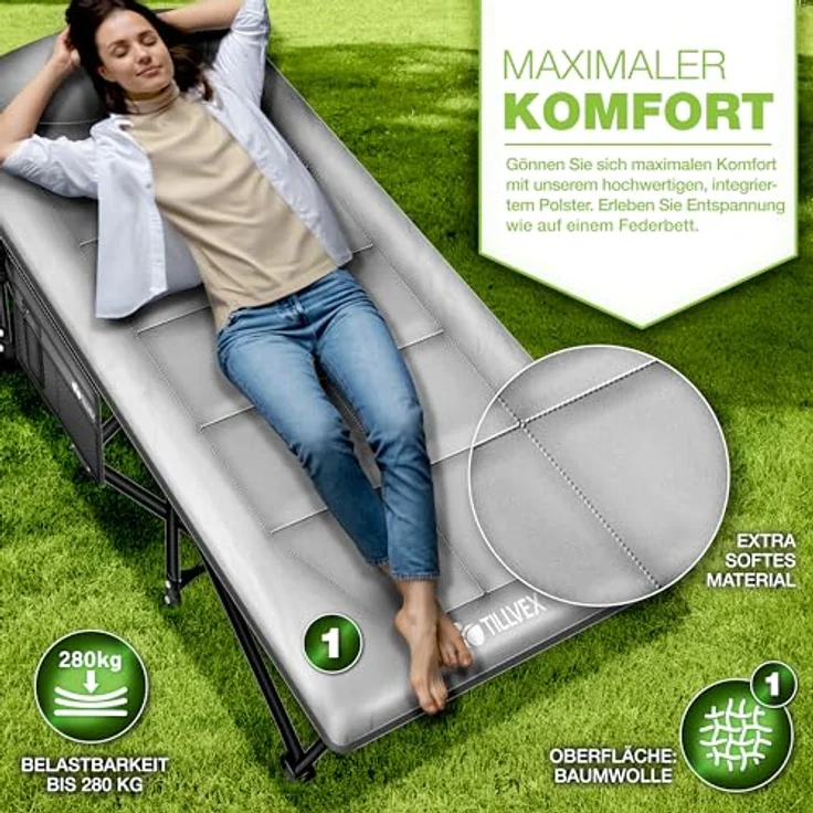 tillvex® Campingbett Grau 210 x 80 x 40 cm klappbar mit Tragetasche bis 280 kg | Campingliege extra breit | Feldbett Karpfenliege für Outdoor & Indoor | Klappbett Gästebett faltbar Garten Camping Angeln Festival Reise – Bild 4