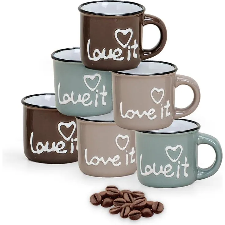 matches21 HOME & HOBBY Tasse Moderne Keramik Espresso-Tassen 6er Set braun beige 50 ml, Keramik, Kleine Landhaus-Stil Vintage Henkel Herz Kaffee-Tassen