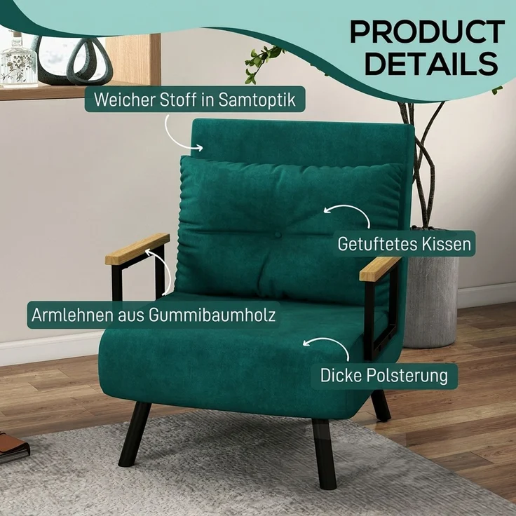 HOMCOM Schlafsofa, Stahl, Polyester, Grün, 63 x 73 x 81 cm – Bild 6