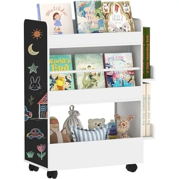 AIYAPLAY Regal doppelseitiges Kinderregal mit 4 Regalen, Bodenfach, 2 Seitenteile, Kinder Bücherregal 1-tlg, mit Tafel, Rollen, für Kinderzimmer, Spielzimmer, für 3–8 Jahre, Weiß