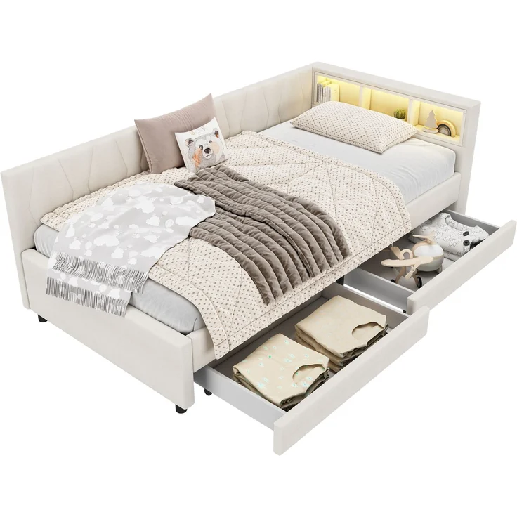 Merax Daybett, 90*200cm, Tagesbett, Schlafsofa, Ablagefach am Bett, USB+Typ C, Fernbedienung für LED-Umgebungslicht, Bett mit zwei Schubladen, Bett mit Lattenrost (ohne Matratze), Leinen, Beige – Bild 10