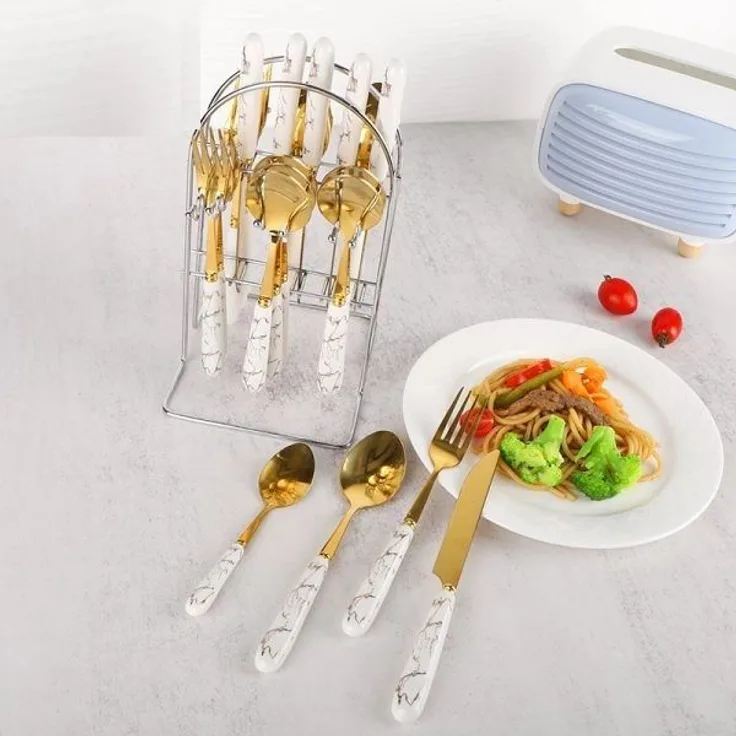 24-Teilig Besteck Set mit Ständer Essgeschirr Edelstahl Gabel Messer Löffel Teelöffel Weiß