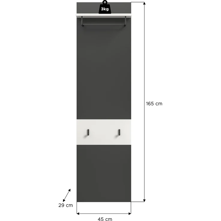 Garderobenpaneel >Canu< in Basalt Grau / Weiß - 45x165x29cm (BxHxT) – Bild 3