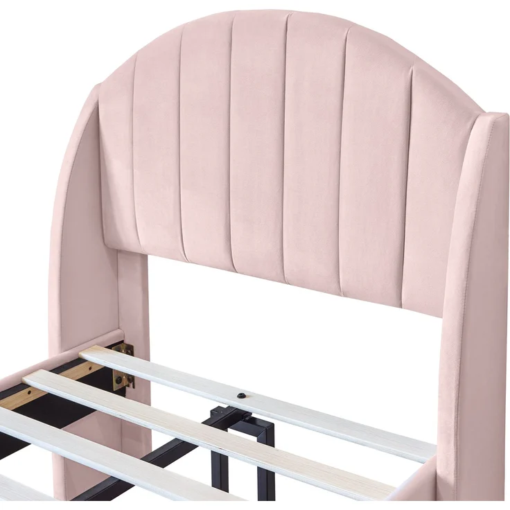EINHOM Polsterbett 90 x 200 cm mit Lattenrost und Kopfteil, Jugendbett, Einzelbett, Holzlattenunterstützung, Einfache Montage, Samt, Rosa, (Ohne Matratze) – Bild 10