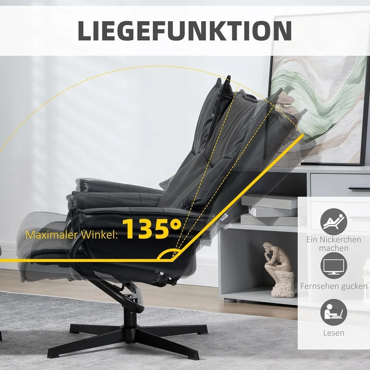 HOMCOM Polsterstuhl drehbarer Relaxsessel mit Hocker (Ruhesessel, 2 St), für Wohnzimmer, Büro, Kunstleder, Stahl, Schwarz – Bild 4