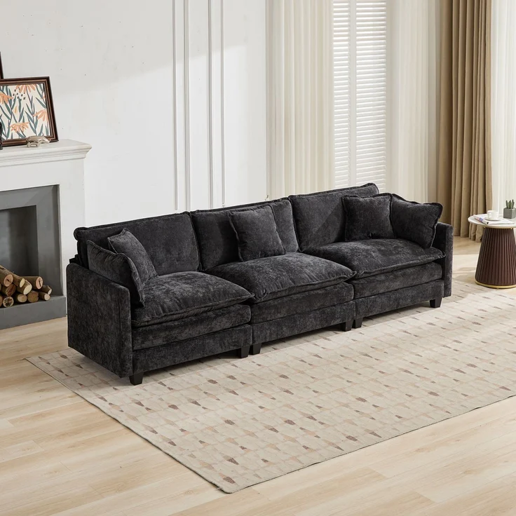 EINHOM Cloud Sofa 3 Seats (Hocker is not included), Modern Ecksofa, für Wohnzimmer Schlafzimmer und Apartment, bequem Double Layer Upholstered Seat Kissen, Breathable Chenille Fabric, Schwarz, DE5013BK – Bild 4