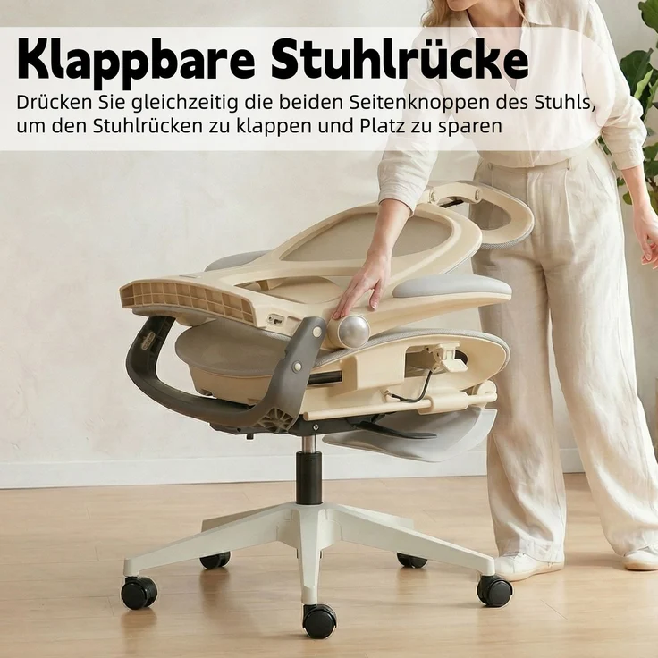Klappbarer ergonomischer Bürostuhl, kleiner Platz-Klappstuhl mit Taillenstütze, Ganznetzschiebekissen, klappbare Armlehnen, 3D-Kopfstützen und Bürostuhl mit Arbeitspedalen,grau--Herde--129x48.5x62cm--YOUDENOVA – Bild 5