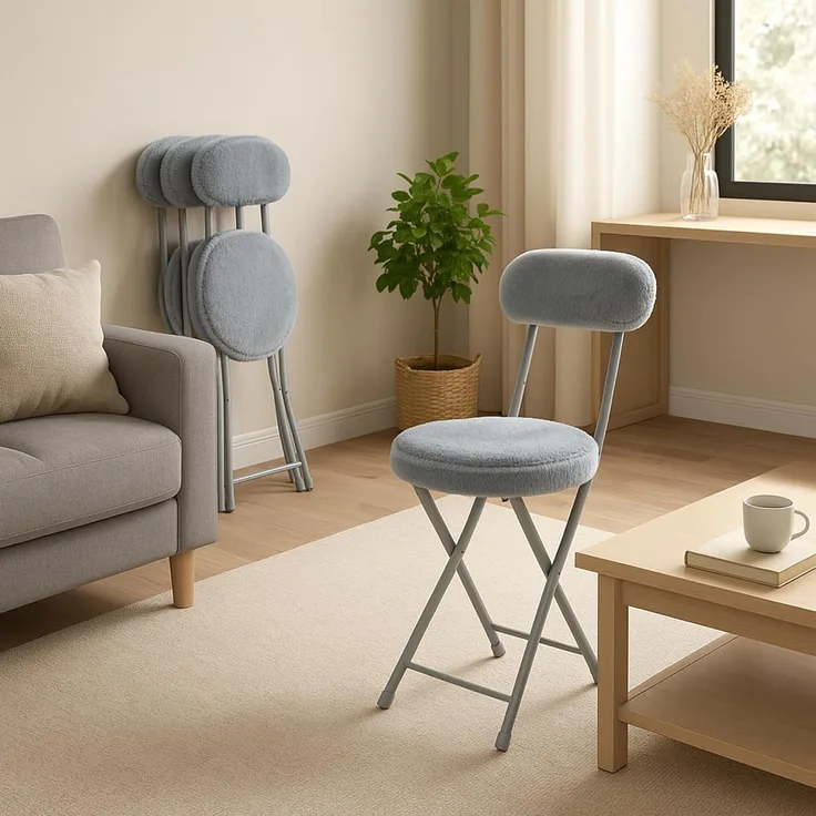 MEUBLE Cosy Klappstuhl 4er Set mit Rücklehne und Fußstütze, Gästestuhl Klappbar Campingstuhl Gepolstert aus Kunstfell, Grau