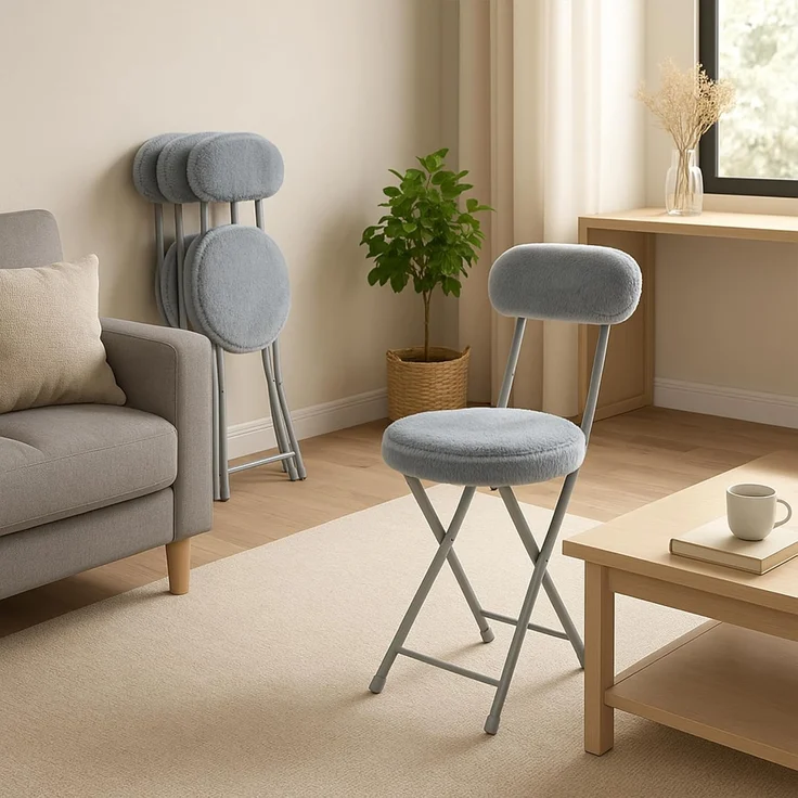 MEUBLE Cosy Klappstuhl 4er Set mit Rücklehne und Fußstütze, Gästestuhl Klappbar Campingstuhl Gepolstert aus Kunstfell, Grau