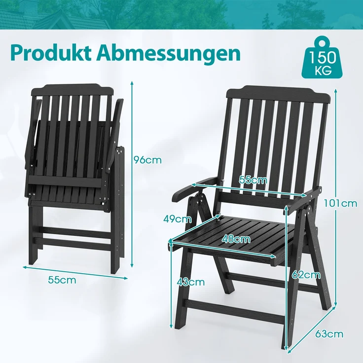 Gartenstuhl klappbar Hochlehner Klappstuhl aus Kunststoff wetterfester Balkonstuhl in Holzoptik Terrassenstuhl bis 150 kg belastbar Schwarz – Bild 5