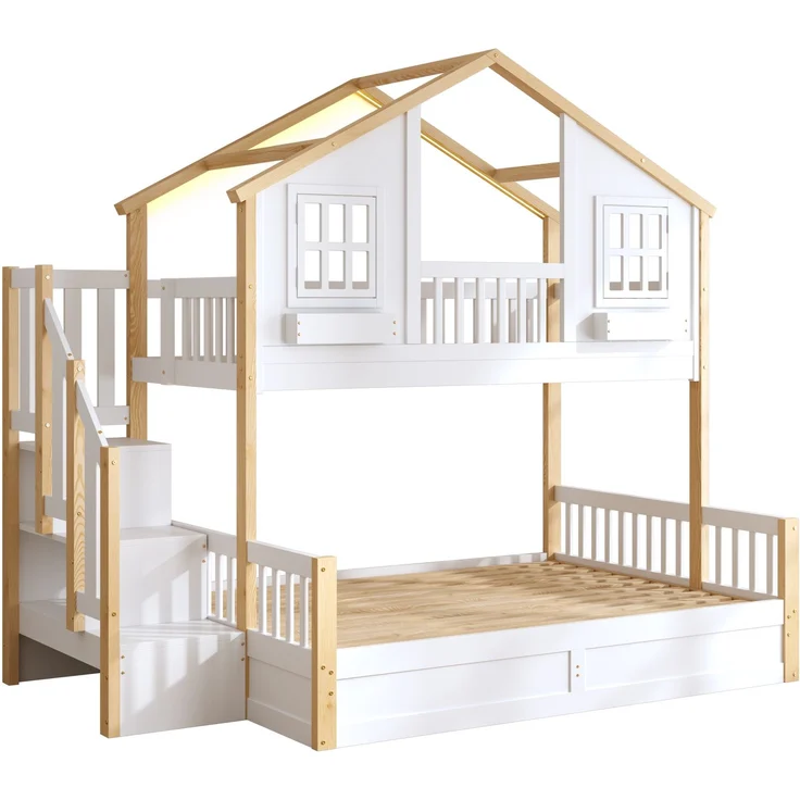 Merax Etagenbett, Kinderbett, 90*200+140*200cm, Holzbett, Hausbett, mit hydraulischem Unterbett, Hochbett mit LED und Stauraumtreppe, weiß+Naturfarbe – Bild 8