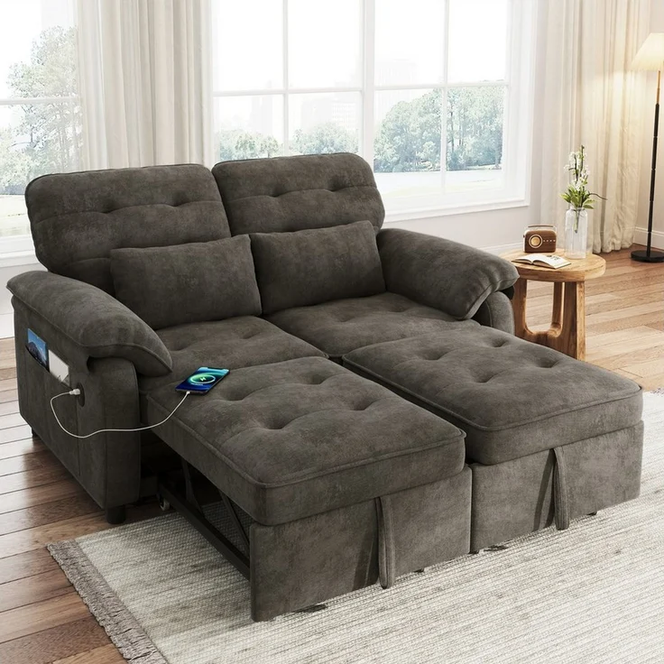 Merax Schlafsofa faltbar mit 3-fach verstellbarer Rückenlehne, Chenille, Sofabett Tagesbett Sofa 1 Teile, 3-in-1 Doppelschlafsofa mit Seitentasche, 2 Kissen & USB-Anschluss – Bild 3