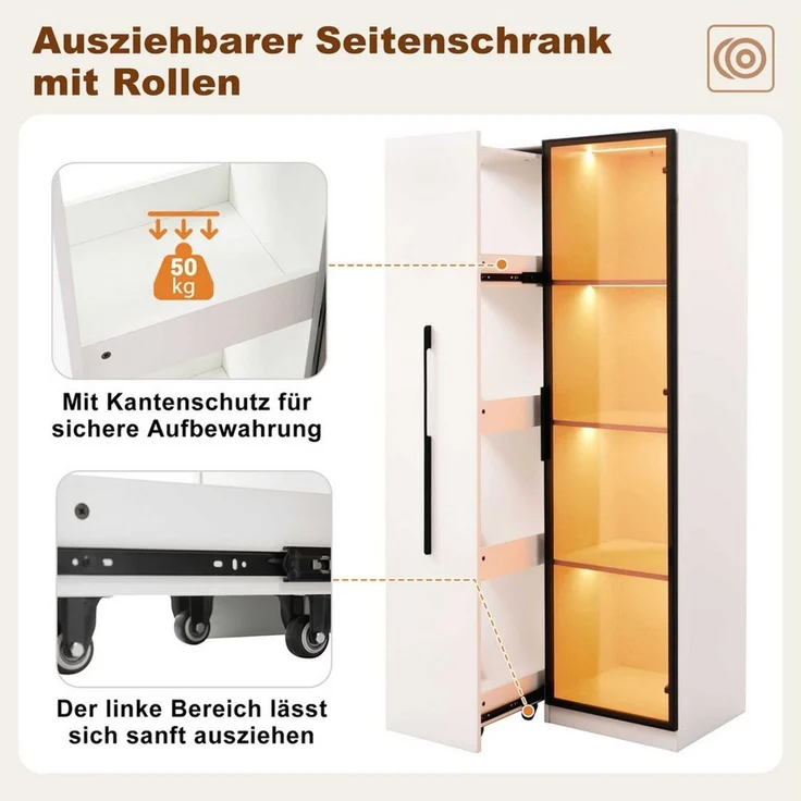 BlingBin Stauraumvitrine LED-Vitrine Multifunktionsschrank (1-St, mit warmgelben Aluminium-Lichtleisten, Soft-Close-Scharniere) Soft-Close-Scharniere, mehrfarbiger Beleuchtung & Kippschutz – Bild 2