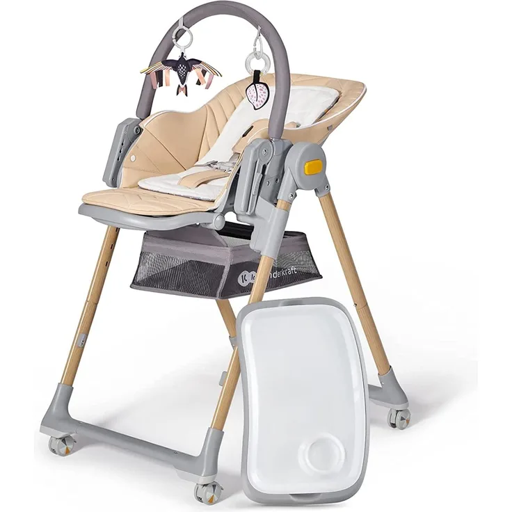 Kinderkraft LASTREE Hochstuhl Baby ab Geburt mit Liegefunktion, Kinderhochstuhl für ältere Kinder, Babyliege mit Spielbügel, Verstellbare Rückenlehne Tablett Fußstütze, Zusammenklappbar, Beige