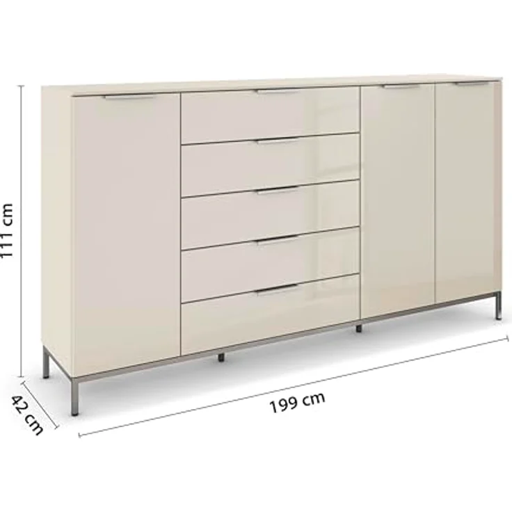 Rauch Möbel Flipp, Nachttisch für Schlafzimmer, Kinderzimmer, Wohnzimmer, Flur, Garderobe, 3-türig, 5 Schubladen, mit Softclose-Funktion, Griffe und Metallkufe Chrom, Farbe Glas Beige, Breite 199 cm – Bild 4
