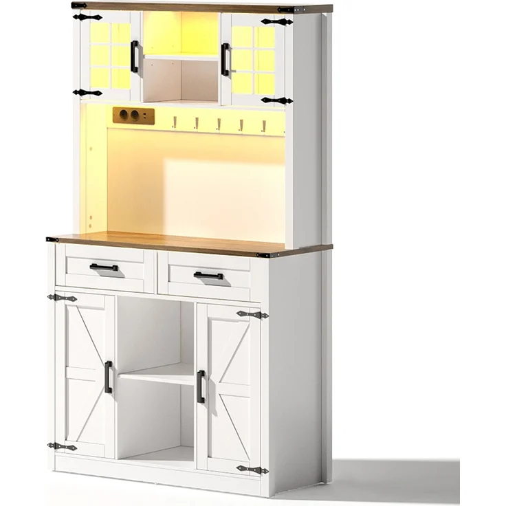 ZUBALIYA Buffetschrank 100x40x172 cm, mit LED-Beleuchtung, mit Steckdosen, mit verstellbaren Einlegeböden, aus MDF, Braun / Weiß – Bild 23