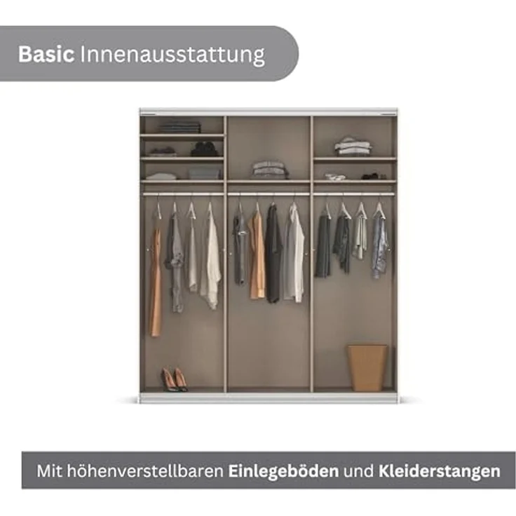 Rauch Möbel Kulmbach, Kleiderschrank mit Schwebetüren für Schlafzimmer, Kinderzimmer, Jugendzimmer, Garderobe, Flur, 3-türig, mit Spiegel, Zubehör Basic, Farbe Weiß, Breite 203 cm – Bild 7