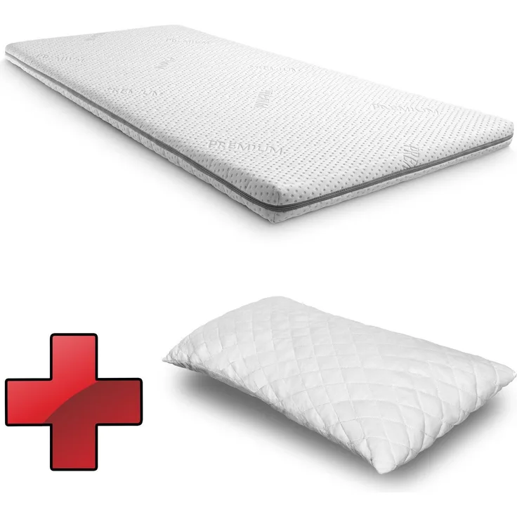Kaltschaumtopper Supportho Premium Topper 100 x 200 cm H3, Höhe 9 cm, Härtegrad H3 mit antibakteriellem Bezug + CloudComfort Basic Gel-Flocken Kopfkissen 40 x 80 cm
