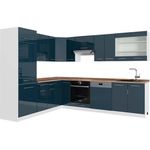 Eckküche Fame-Line Dunkelblau Hochglanz/Weiß 287 x 60 cm , AP Eiche Vicco