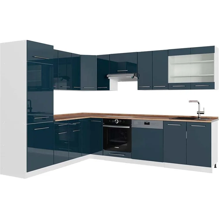 Eckküche Fame-Line Dunkelblau Hochglanz/Weiß 287 x 60 cm , AP Eiche Vicco