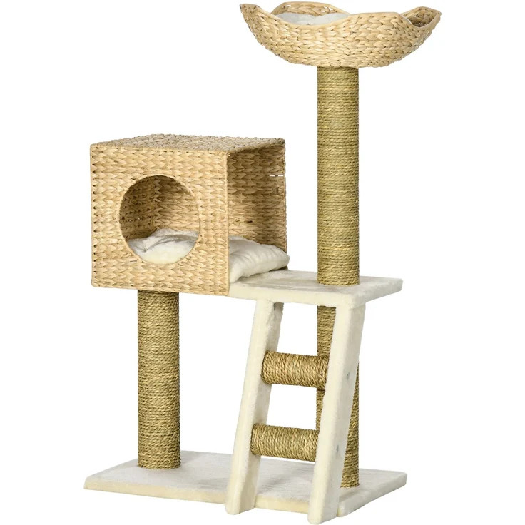 Kratzbaum mit Katzenhaus, Sisal-Kratzsäulen, waschbare Kissen, 100,5H x 57L x 37B cm, Weiß/Natur--Naturholz--100.5x37x57cm--CHENHAONING – Bild 2
