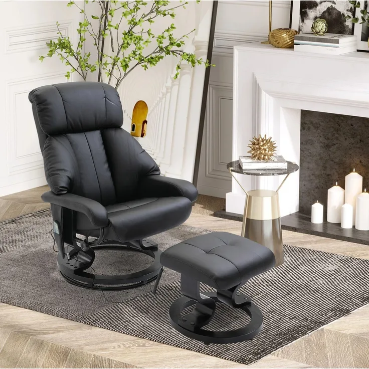 Massagesessel aus Kunstleder mit Fußhocker & Liegefunktion, 80x76x102 cm, Schwarz