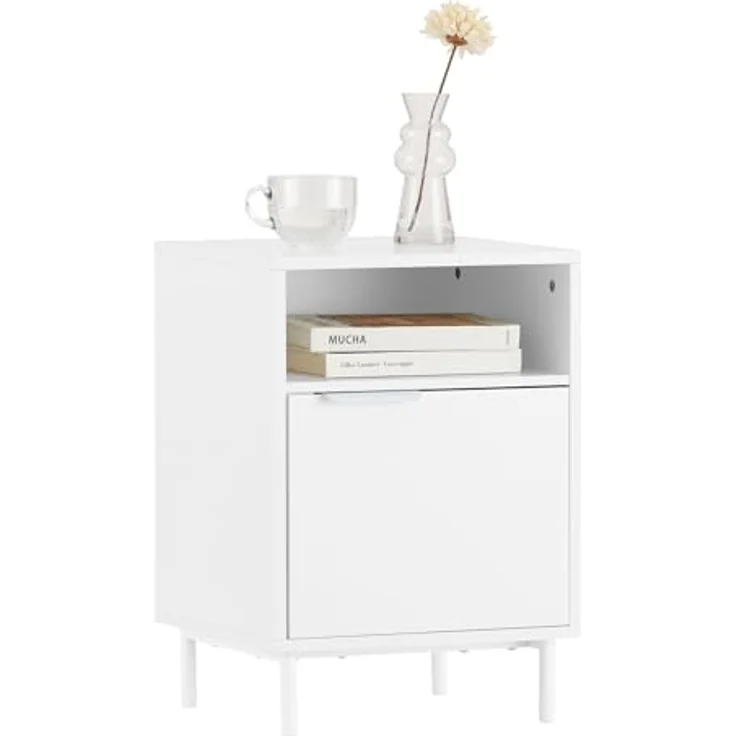 SoBuy Nachttisch FBT124-W, Beistelltisch mit 1 Tür, Weiß, modernes Design, Belastbarkeit bis 30kg, Maße 40x57x35cm – Bild 1