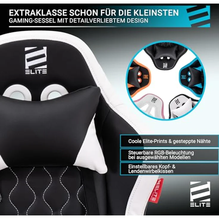 ELITE Pulse - Gaming Stuhl für Kinder - Kunstleder - Ergonomisch - Racer - Drehstuhl - Chair - Bürostuhl - Schreibtischstuhl - Gamer-Design (Schwarz/Blau) – Bild 10