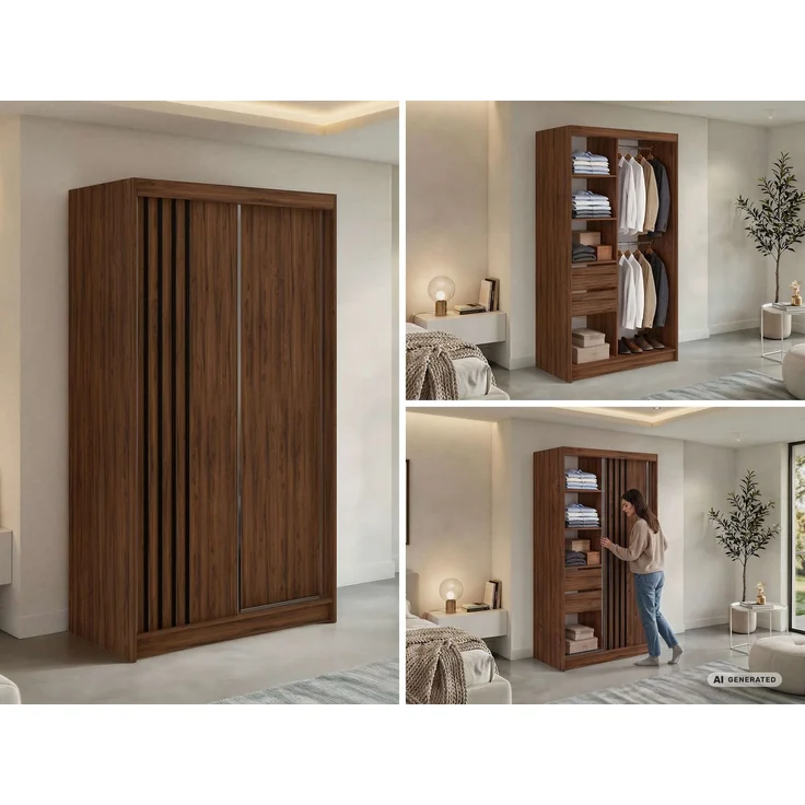 Schwebetürenschrank NAURU mit Lamellen-Optik, moderner Kleiderschrank, Breite 120 cm, inkl. Innenausstattung & Stauraum, Akustikpaneel-Design - Warmia-Nuss und Schwarz - mit Schubladen – Bild 2