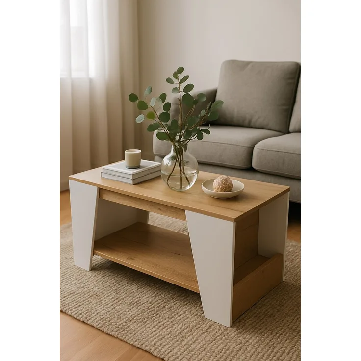 Wohnzimmertisch modern – Eiche/Weiß mit Ablage & Stauraum – 100x50 cm