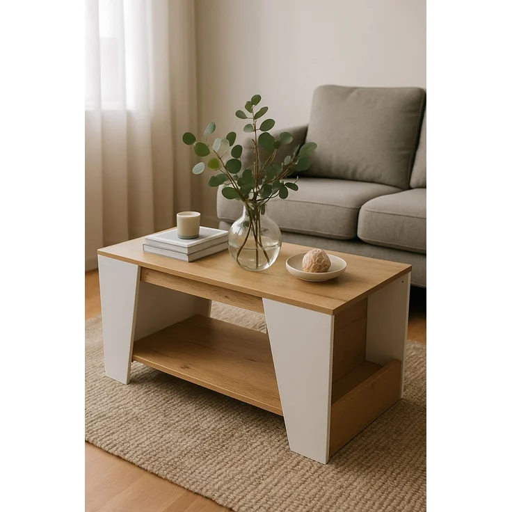 Wohnzimmertisch modern – Eiche/Weiß mit Ablage & Stauraum – 100x50 cm – Bild 1