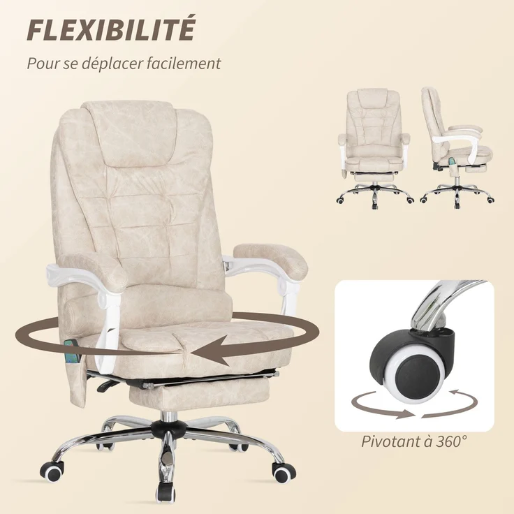 Massage- und Heiz-Bürosessel, Bürostuhl, höhenverstellbar, neigbare Rückenlehne, 65 x 70 x 111–119 cm, cremefarben – Bild 9