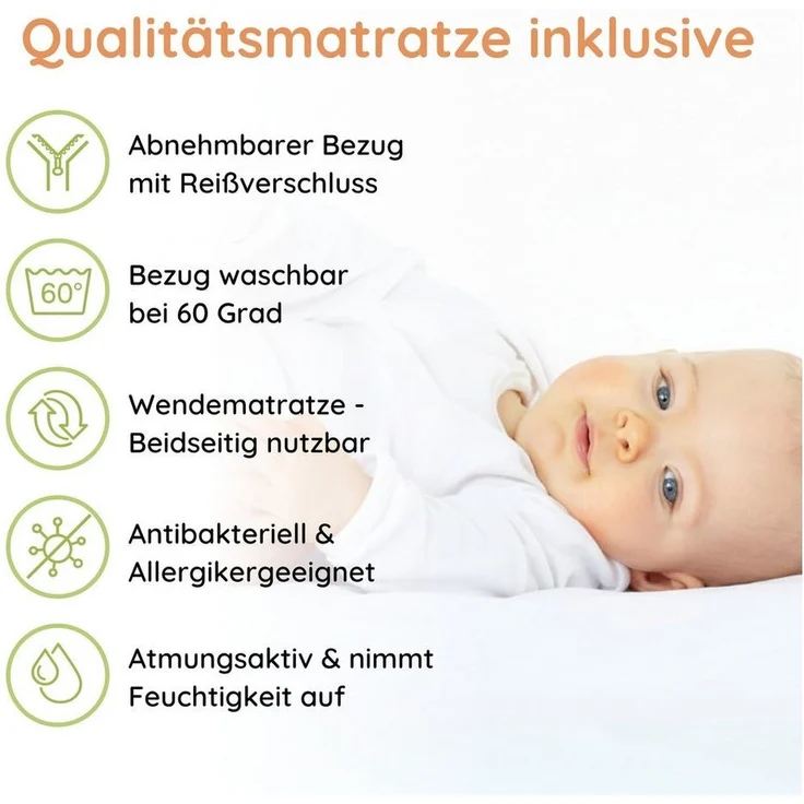 Kids Collective Babybett Kinderbett 60x120/70x140 cm umbaubar zu höhenverstellbares Lattenrost, 70x140 cm Weiß mit Matratze und Schublade von Geburt bis 6. Lebensjahr – Bild 2
