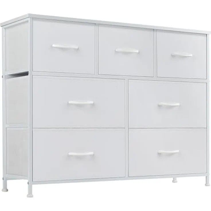 DUMOS Kommode für Schlafzimmer mit 7 Stoffschubladen hohe Kommode Organizer für Kleidung Schrank Kinderzimmer Aufbewahrungsturm mit Schrank Metallrahmen Holzplatte leichte Kinderzimmermöbel – Bild 2