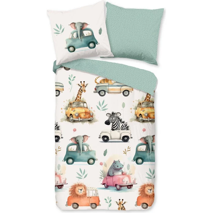 Good Morning Kinder Bettwäsche 135x200 Gogo Tiere Auto Wende Zoo weiß mint 32091 – Bild 5