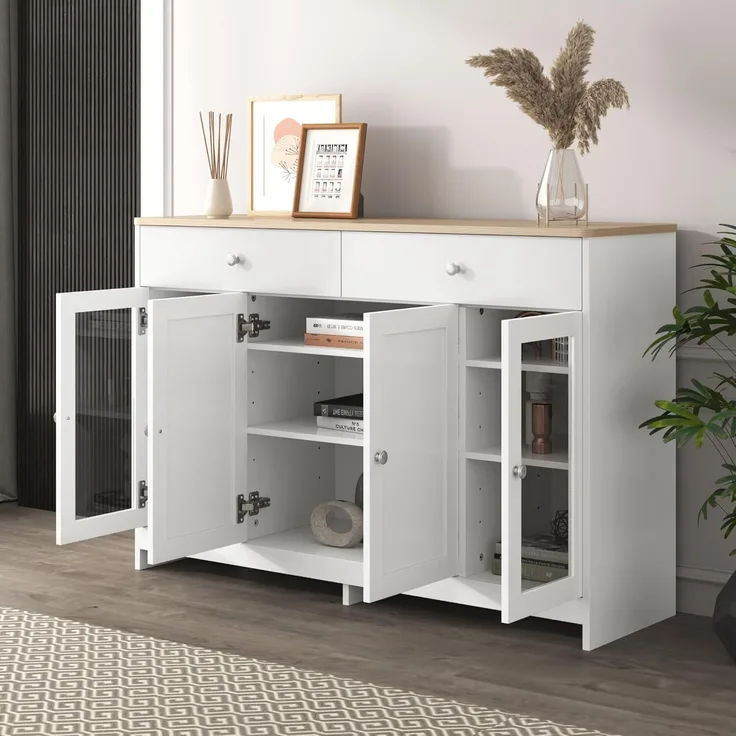 FurnitureR Moderne weiße Sideboard-Kommode mit Holztop, Korpus aus MDF-Sandwich, 120 cm Breite, großzügiger Stauraum