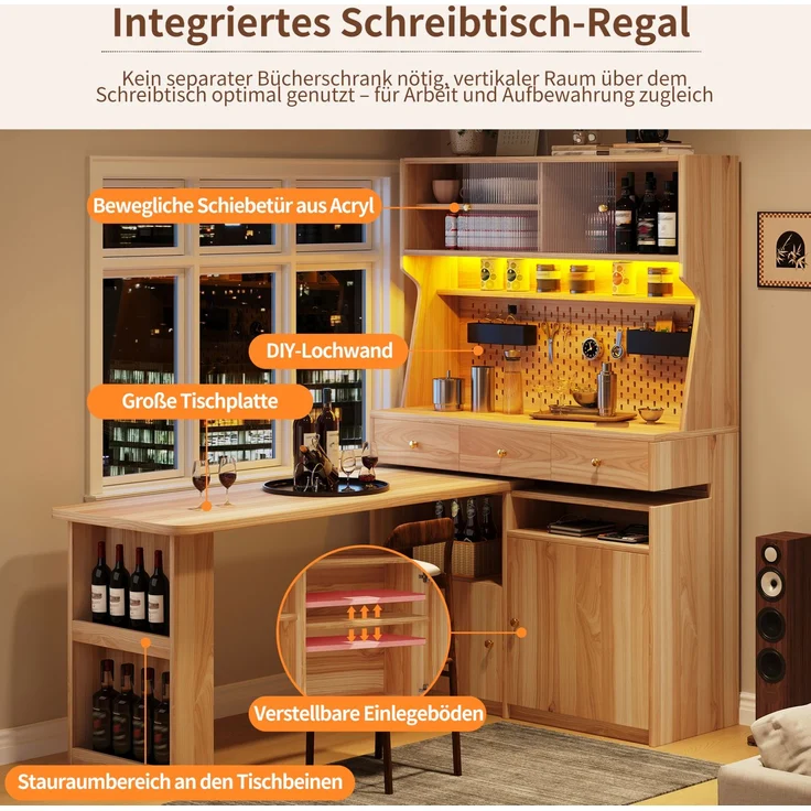 Hochschrank mit Schreibtisch, MDF & Glas, LED per App, 137x74x177,7 cm, Natural – Bild 8