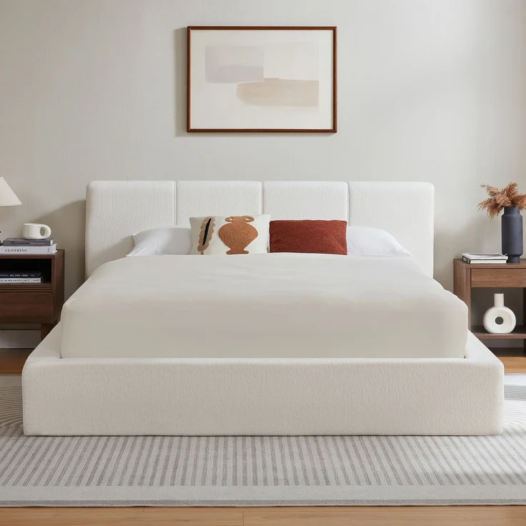 LVHOM Polsterbett 160 x 200cm, Doppelbett mit gepolstertem Kopfteil, Bettgestell mit verstärktem Stahlrahmen, Chenille, Beige – Bild 3