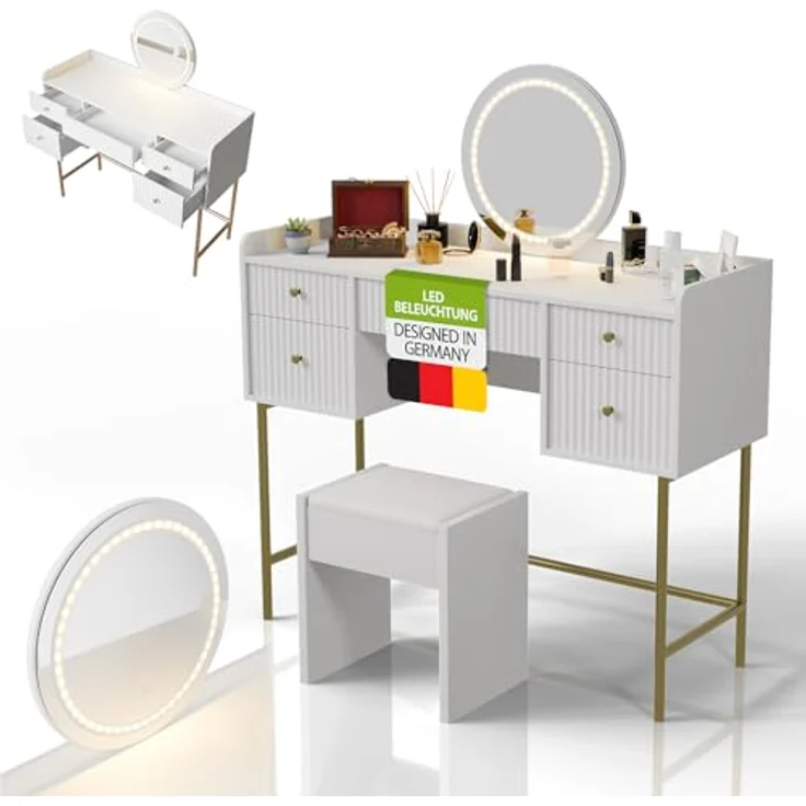 Juskys Schminktisch Samira & Hocker Melly mit Touch-LED-Spiegel, 5 Schubladen, viel Stauraum & elegantes Design für Schlafzimmer & Make-up – Weiß/Gold – Bild 2