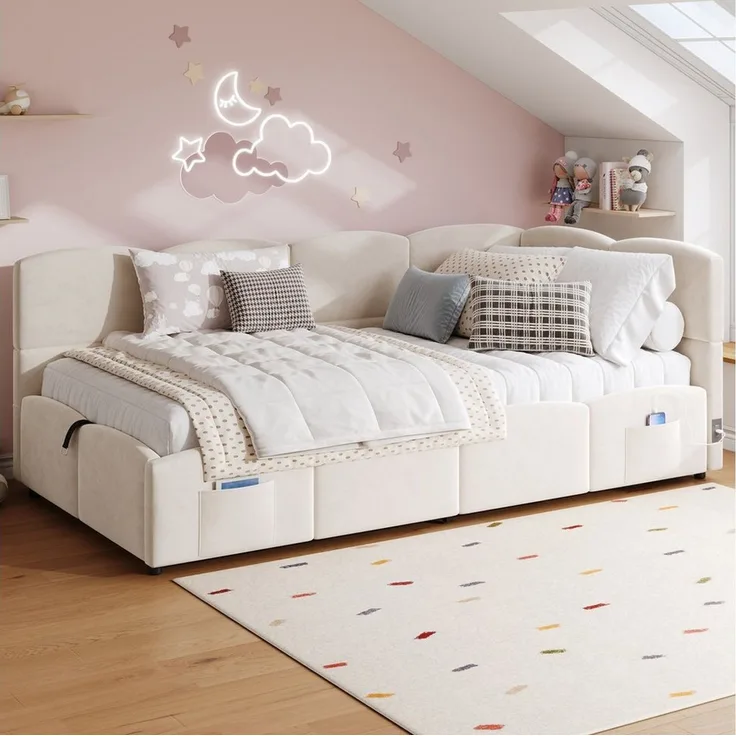 STILVORA Polsterbett 90x200 mit Bettkasten,Jugendbett Bettgestell mit USB&Stautasche (Einzelbett, Stauraumbett, Schlafsofa, 1-tlg, 90x200 cm, ohne Matratze), Jugendbett