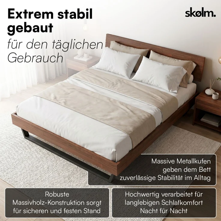skølm 'Alver' Bett 180x200 cm, Bettgestell, natur geölt, Massivholzbett aus Eiche mit Metallkufen, Walnuss Optik, Bettkopf 1 Strebe – Bild 4