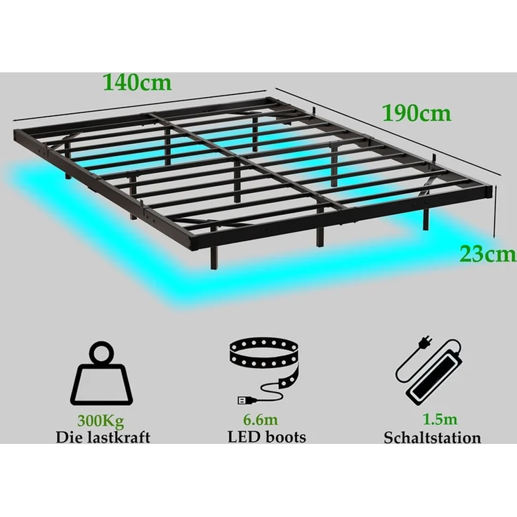 Homerecommend Schwebebettrahmen Metallbett 140x190 cm, für Schlafzimmer & Jugendzimmer, mit LED-Beleuchtung & integrierter Ladestation (1 Steckdose, 2 USB), Vintage Schwarz – Bild 4