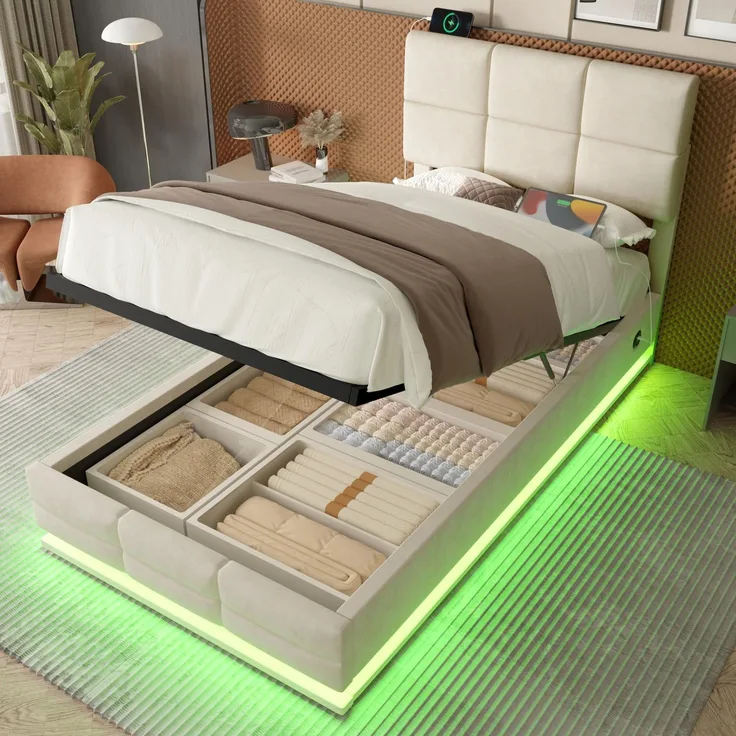 FAVSH Polsterbett 90x200cm mit Stauraum, Doppeltbett Bettrahmen mit LED und Zweiseitige USB/Type-C-Ladefunktion, Bettgestell mit verstellbarem Kopfteil, mit Lattenrost Ohne Matratze, Beige