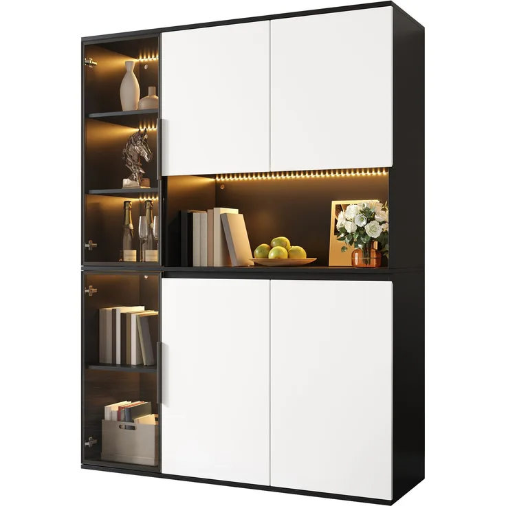 Hochschrank, Vitrine, Highboard, Anrichte, Schwarz-Weiß Optik, Glaselemente, integrierte LED-Leuchten, MDF-Korpus, geräumiger Stauraum, Esszimmerschrank, Wohnzimmerschrank--Schwarz, Weiß--120x40x160cm--YOUDENOVA